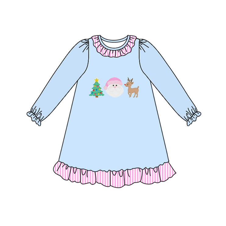 ( Moq 5 ) Preorder Baby Girl Long Sleeves Santa Deer Tree Christmas Ruffle Knee Length Dress
