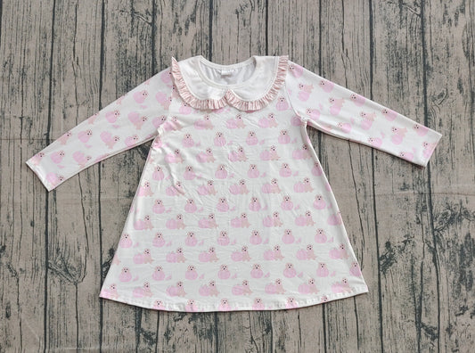 ( No moq ) Preorder Baby Girl Long Sleeves Pumpkins Dogs Pink Fall Knee Length Dress
