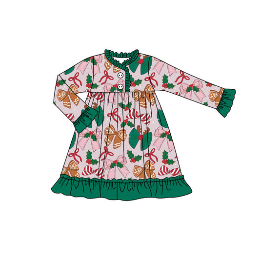 ( Moq 5 ) Preorder Baby Girl Long Sleeves Christmas Bows Holly Buttons Ruffle pajamas Dress