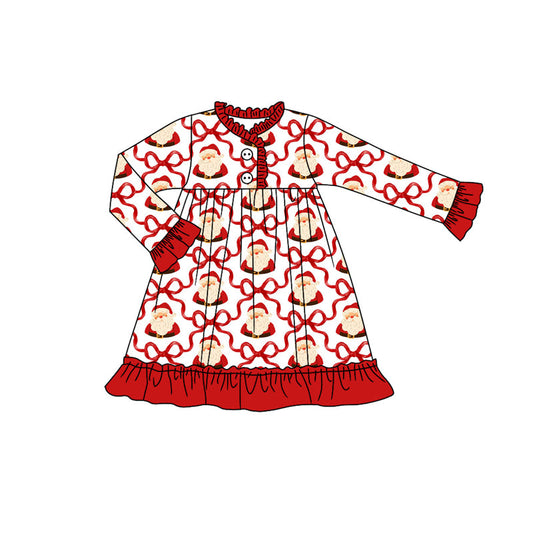 ( Moq 5 ) Preorder Baby Girl Long Sleeves Christmas Santa Bows Buttons Pajamas Nightgown Dress