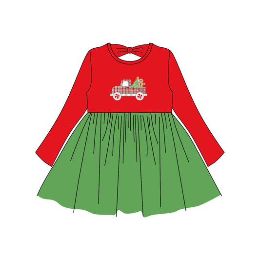 ( Moq 5 ) Preorder Baby Girl Long Sleeves Christmas Truck Red Green Knee Length Dress
