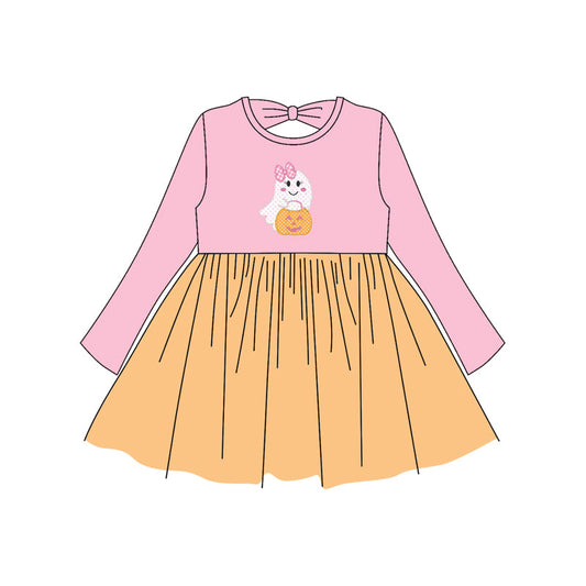 ( Moq 5 ) Preorder Baby Girl Long Sleeves Halloween Ghost Pumpkin Pink Orange Knee Length Dress