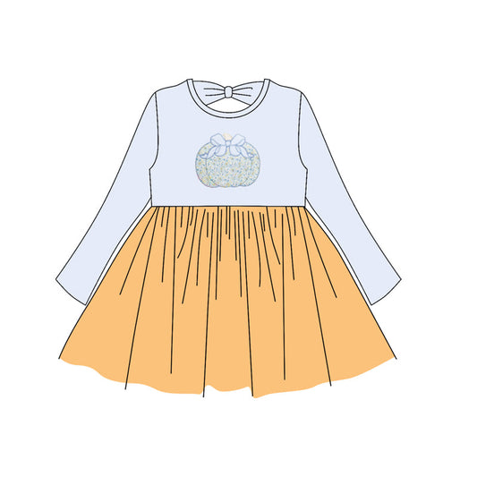 ( Moq 5 ) Preorder Baby Girl Long Sleeves Floral Pumpkin Bow Fall Knee Length Dress