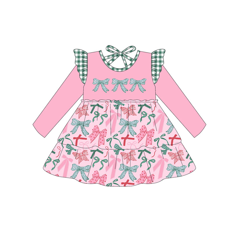 ( Moq 5 ) Preorder Baby Girl Long Sleeves Christmas Bows Pink Knee Length Dress
