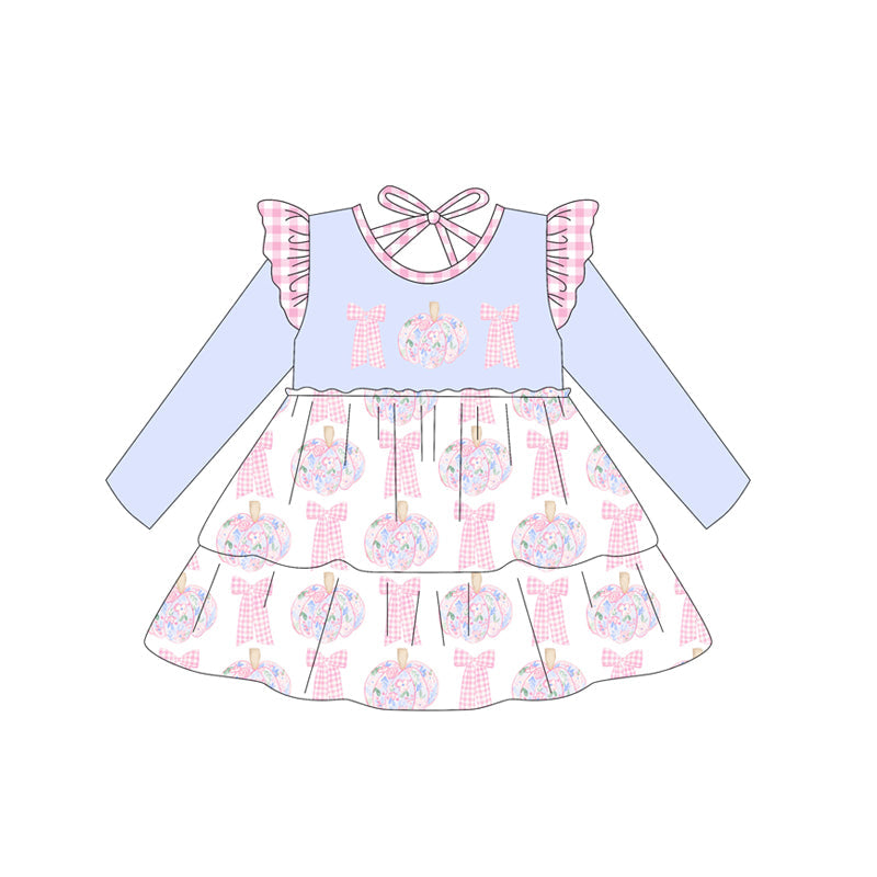( Moq 5 ) Preorder Baby Girl Long Sleeves Flower Pumpkins Bows Knee Length Dress