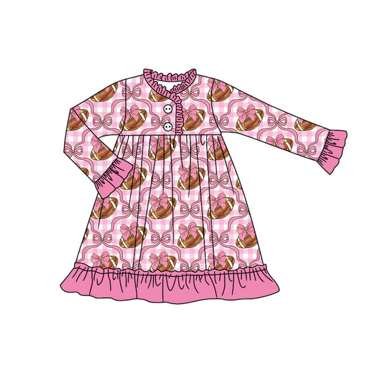 ( Moq 5 ) Preorder Baby Girl Long Sleeves Football Bows Pink Checked Ruffle Knee Length Dress
