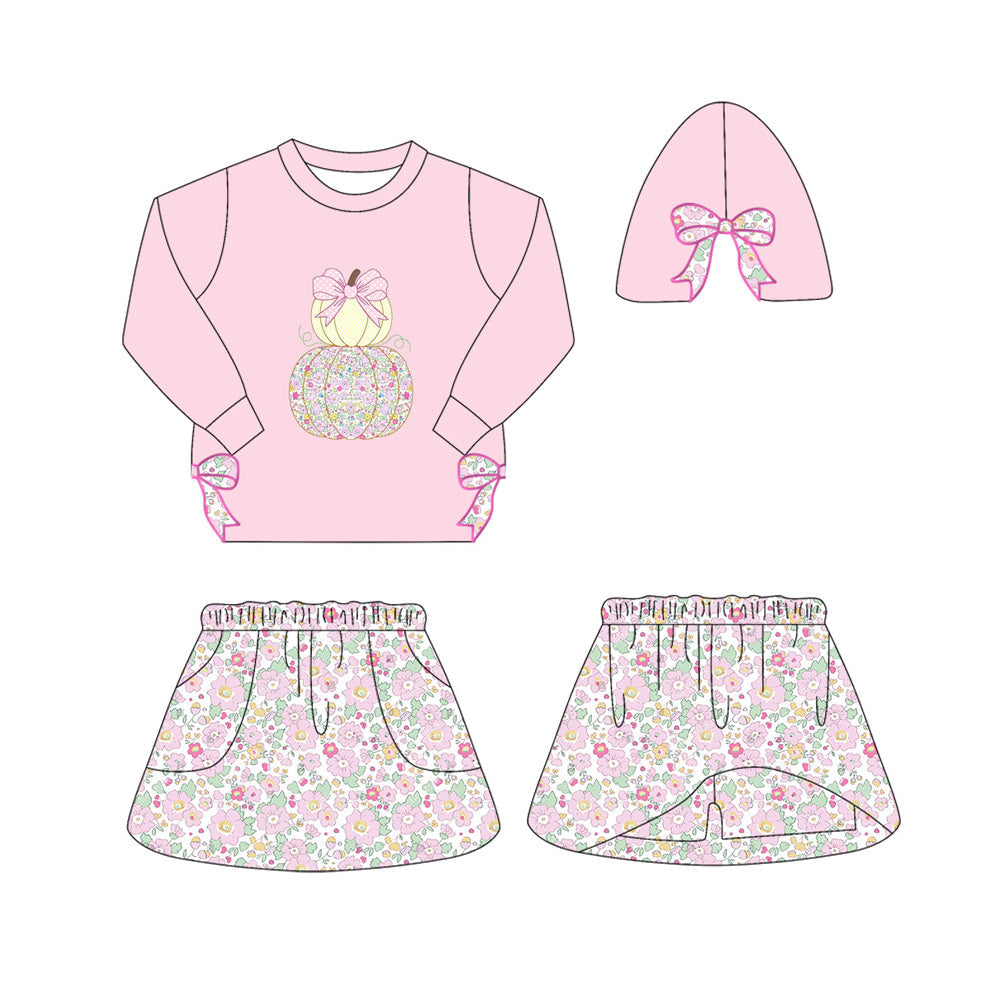 ( Moq 5 ) Preorder Baby Girl Pink Long Sleeves Pumpkin Bows Shirt Floral Skort Fall Set