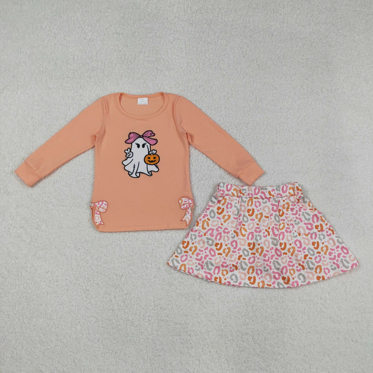 Baby Girl Long Sleeves Embroidery Pumpkin Bows Shirt Leopard Skort Sibling Fall Set RTS