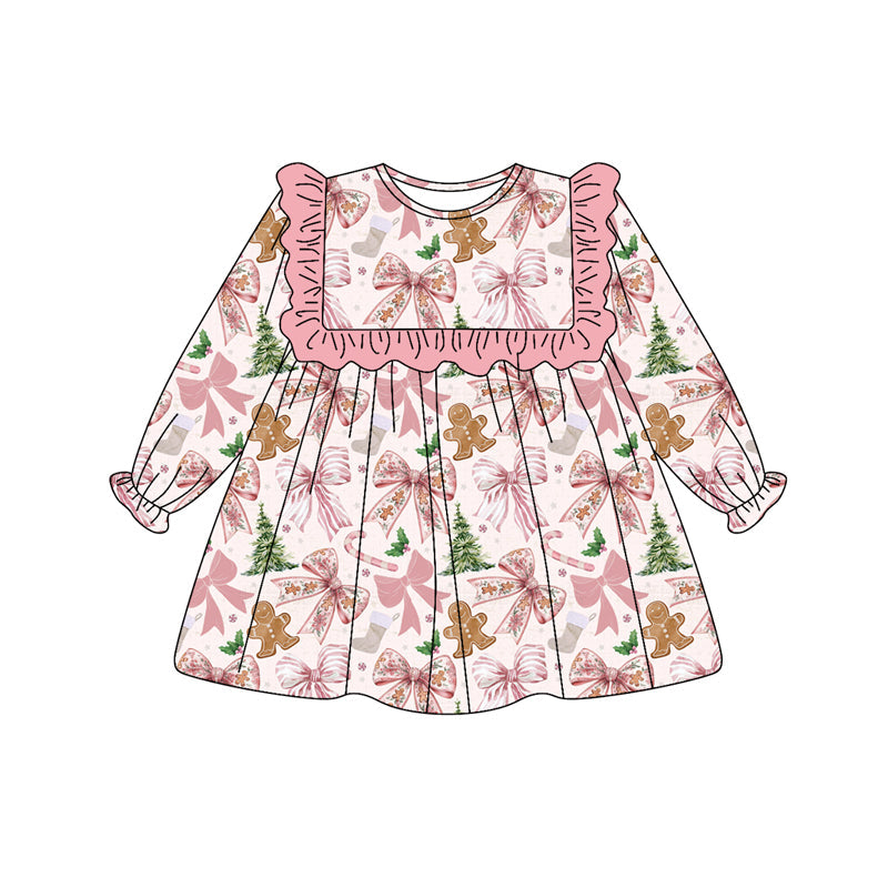 ( Moq 5 ) Preorder Baby Girl Long Sleeves Christmas Bows Trees Gingerbread Ruffle Dress