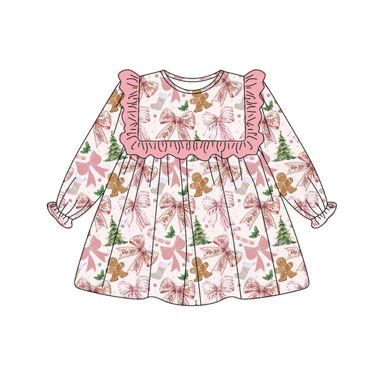 ( Moq 5 ) Preorder Baby Girl Long Sleeves Christmas Bows Trees Gingerbread Ruffle Dress