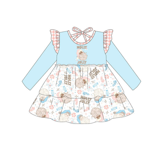 ( Moq 5 ）Preorder Baby Girl Blue Long Sleeves Holly Santa Christmas Knee Length Dress