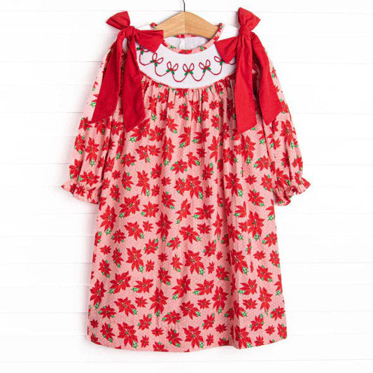 ( Moq 5 ) Preorder Baby Girl Long Sleeves Bows Red Flower Christmas Knee Length Dress