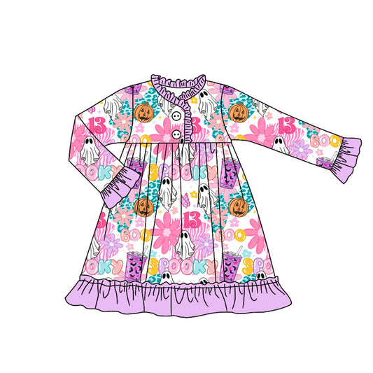 ( Moq 5 ) Preorder Baby Girl Long Sleeves Halloween Ghost Flower Purple Ruffle Knee Length Dress