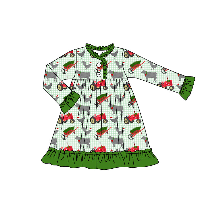 ( Moq 5 ) Preorder Baby Girl Long Sleeves Farm Animals Christmas Green Ruffle Gown Pajamas Dress