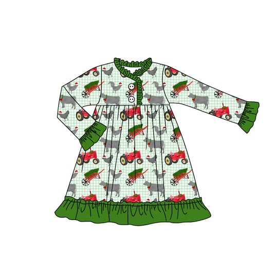 ( Moq 5 ) Preorder Baby Girl Long Sleeves Farm Animals Christmas Green Ruffle Gown Pajamas Dress