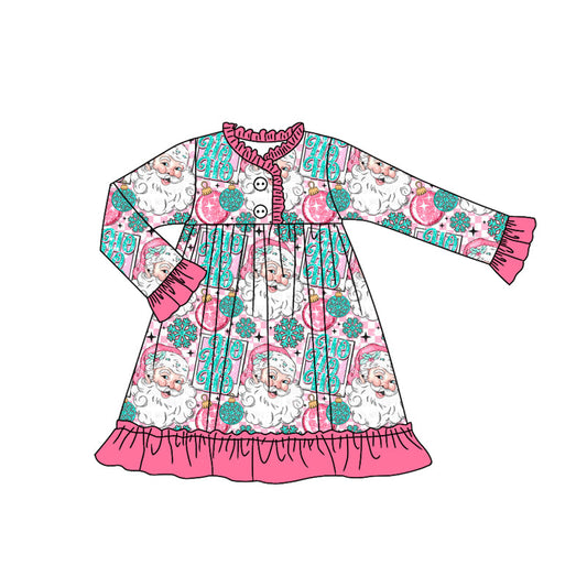 ( Moq 5 ) Preorder Baby Girl Long Sleeves Santa Plaid Christmas Pink Ruffle Gown Pajamas Dress