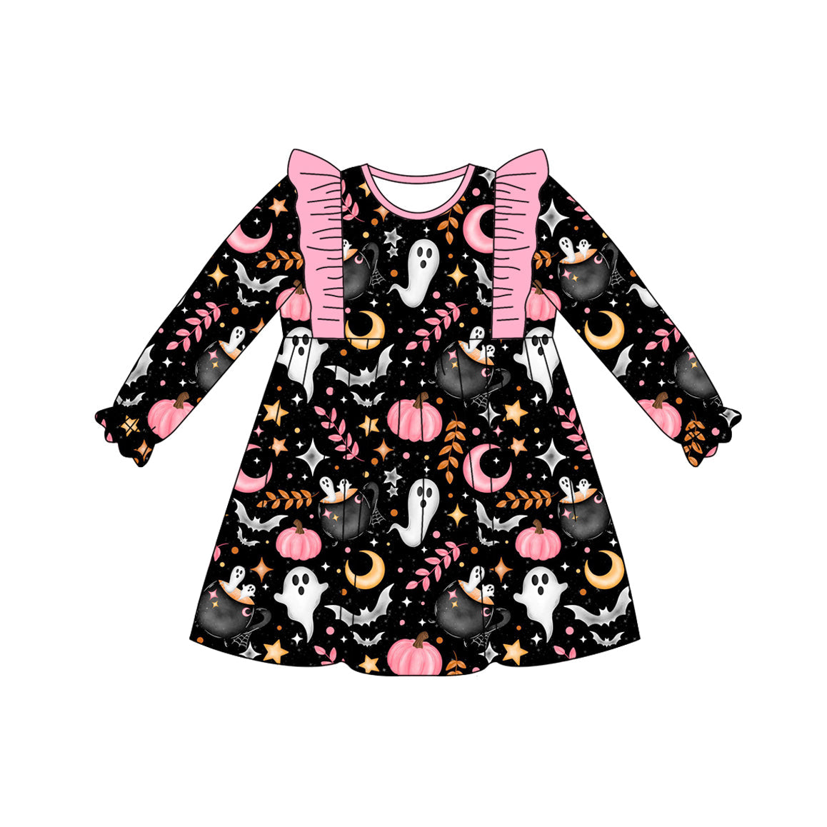 ( Moq 5 )  Preorder Baby Girl Ghost Pumpkin  Halloween Ruffle Knee Length Dress
