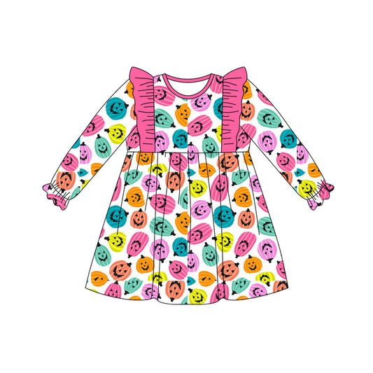 ( Moq 5 ) Preorder Baby Girl Long Sleeves Pumpkins Halloween Ruffle Knee Length Dress