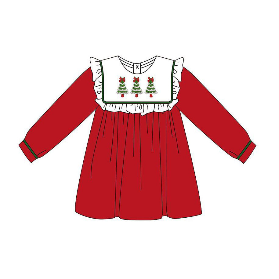 ( Moq 5 ) Preorder Baby Girl Red Long Sleeves Tree Bows Christmas Ruffle Dress
