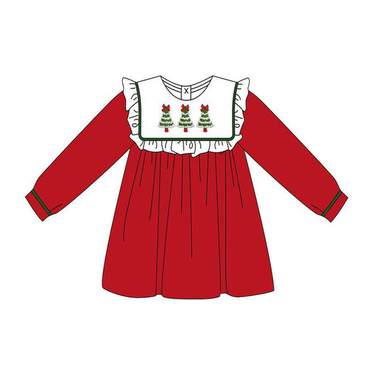 ( Moq 5 ) Preorder Baby Girl Red Long Sleeves Tree Bows Christmas Ruffle Dress