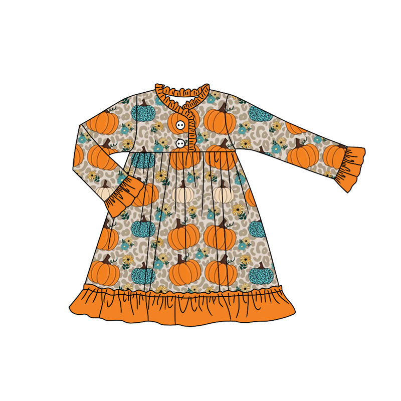 ( Moq 5 ) Preorder Baby Girl Long Sleeves Pumpkins Flower Leopard Ruffle Fall Gown Dress