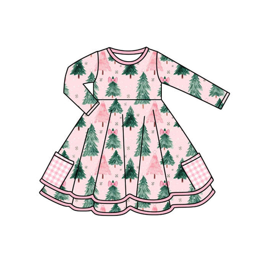 ( Moq 5 ) Preorder Baby Girl Long Sleeves Christmas Tree Bows Pockets Pink Dress