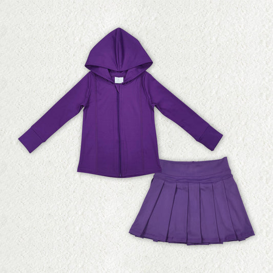 Baby Girl Long Sleeves Hoodie Zipper Cardigan Tops Skort Yoga Active Purple Set RTS
