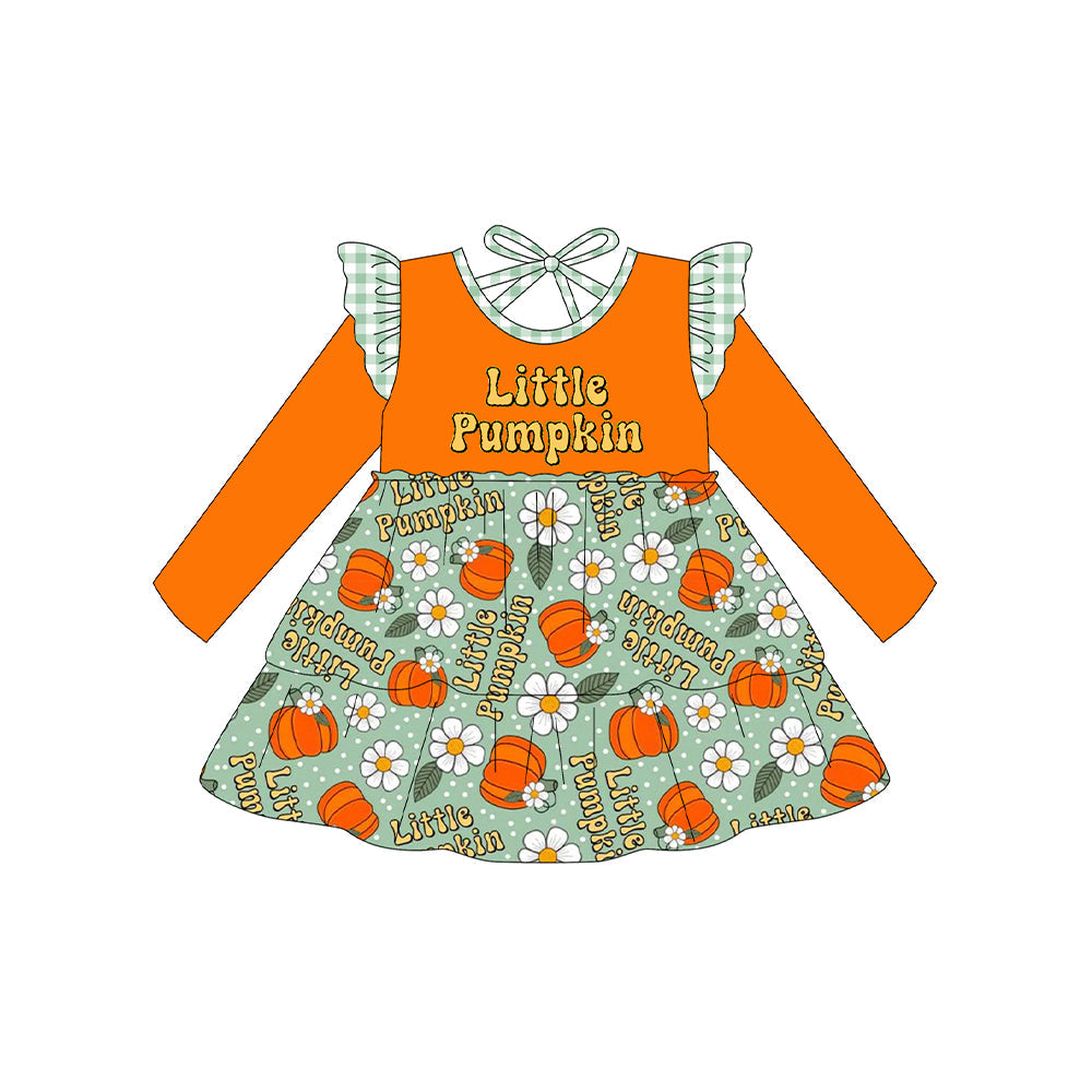 ( Moq 5 ) Preorder Baby Girl Long Sleeves Little Pumpkins Flower Fall Knee Length Dress
