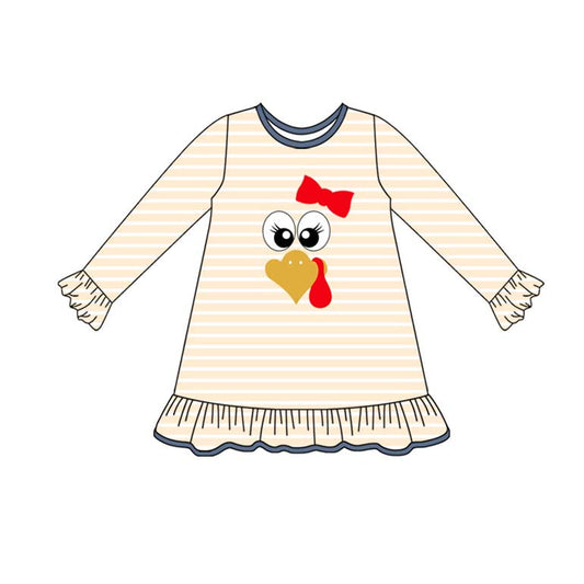 ( Moq 5 ) Preorder Baby Girl Long Sleeves turkey Bow Stripes Ruffle Thanksgiving Fall Dress