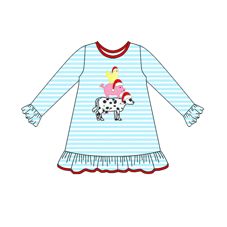 ( Moq 5 ) Preorder Baby Girl Long Sleeves Farm Animals Stripes Christmas Knee Length Dress