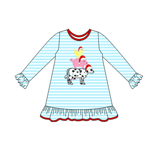 ( Moq 5 ) Preorder Baby Girl Long Sleeves Farm Animals Stripes Christmas Knee Length Dress