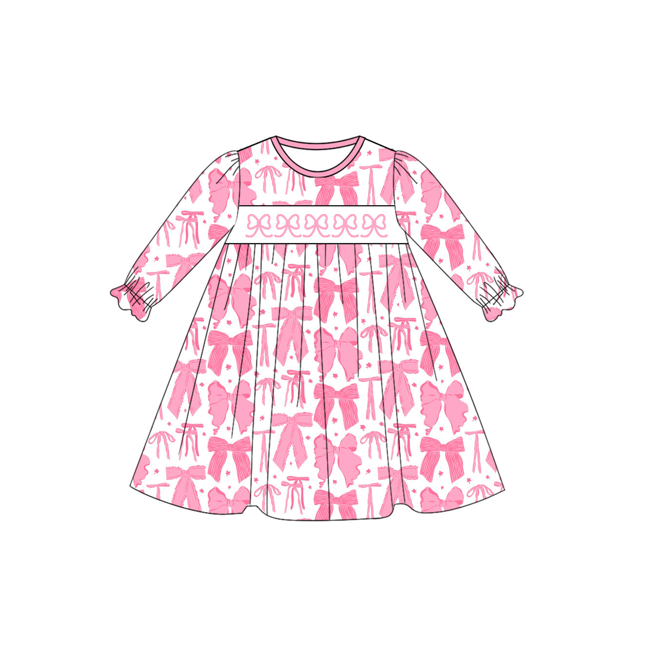 ( Moq 5 ) Preorder Baby Girl Toddler Long Sleeves Pink Bows Knee Length Dress