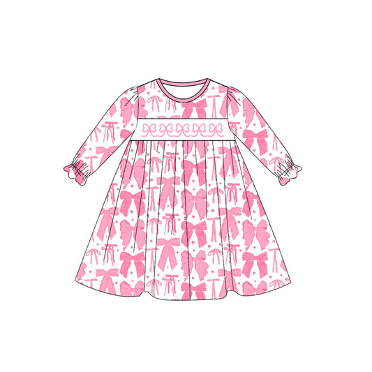 ( Moq 5 ) Preorder Baby Girl Toddler Long Sleeves Pink Bows Knee Length Dress