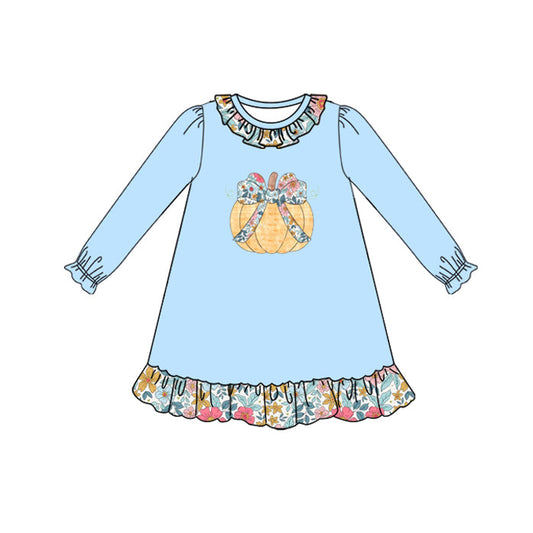 ( Moq 5 ) Preorder Baby Girl Blue Long Sleeves Floral Bow Pumpkin Ruffle Fall Dress
