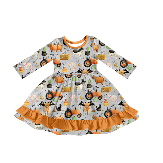 ( Moq 5 ) Preorder Baby Girl Long Sleeves Halloween Pumpkins Farm Animals Ruffle Dress