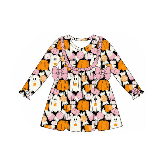 ( Moq 5 ) Preorder Baby Girl Long Sleeves Halloween Pumpkins Ghosts Bows Ruffle Dress