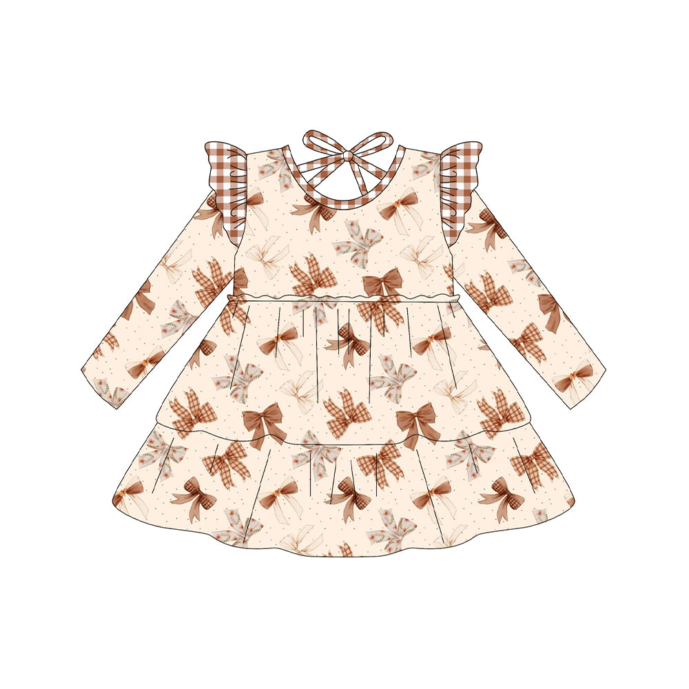 ( Moq 5 ) Preorder Baby Girt Long Sleeves Plaid Bows Fall Knee Length Dress