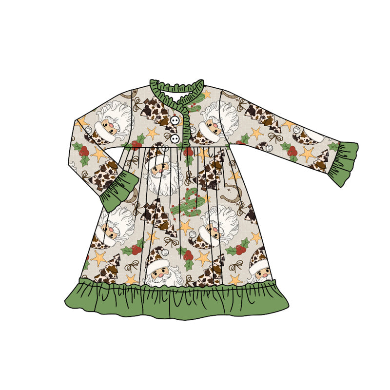 ( Moq 5 ) Preorder Baby Girl Long Sleeves Santa Cactus Christmas Green Ruffle Gown Dress