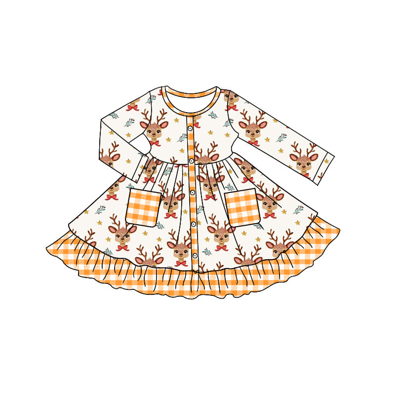 ( Moq 5 ) Preorder Baby Girl Long Sleeves Deer Plaid Pockets Christmas Plaid Ruffle Dress