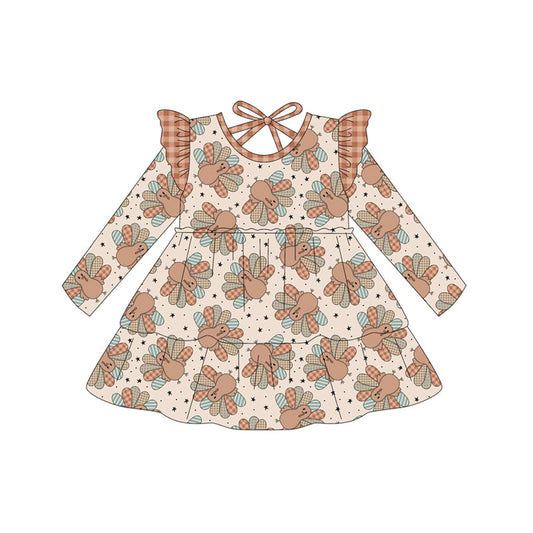 ( Moq 5 ) Preorder Baby Girl Long Sleeves turkey Thanksgiving Fall Knee Length Dress