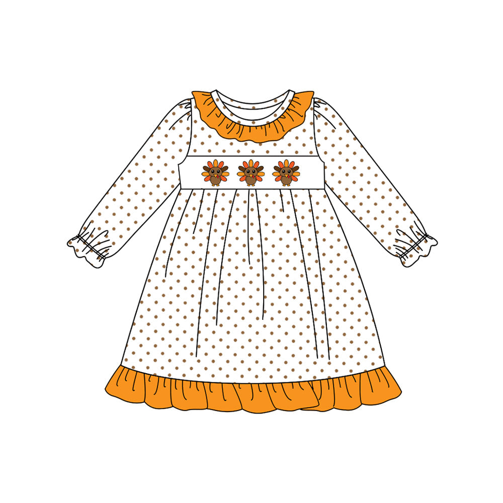 ( Moq 5 ) Preorder Baby Girl Long Sleeves turkey Dots Ruffle Thanksgiving Fall Knee Length Dress