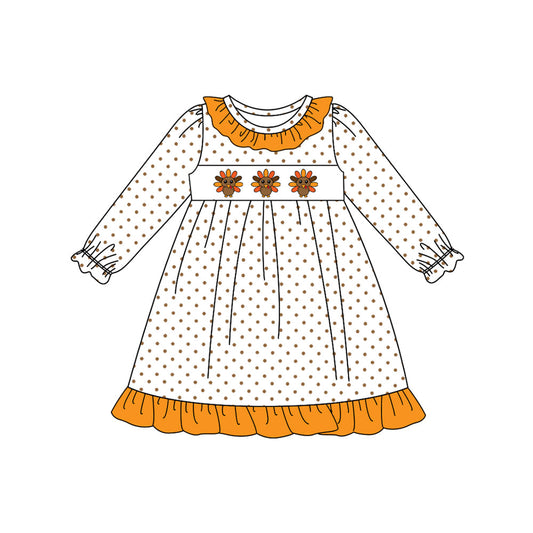 ( Moq 5 ) Preorder Baby Girl Long Sleeves turkey Dots Ruffle Thanksgiving Fall Knee Length Dress