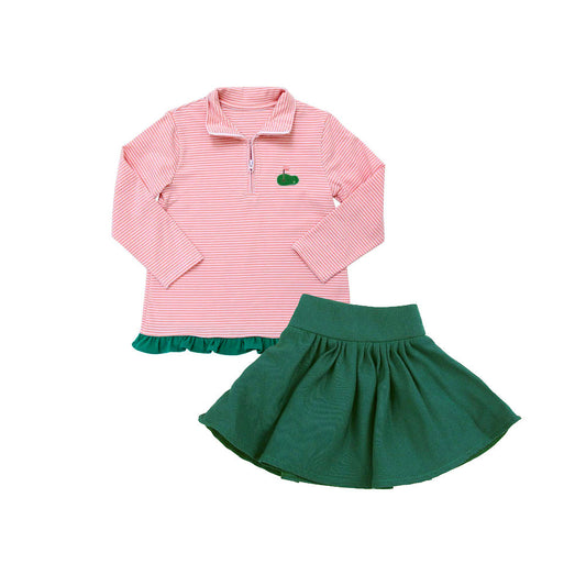 ( Moq 5 ) Preorder Baby Girl Long Sleeves Golf Pink Stripes Zipper Pullover Green Skirt Set