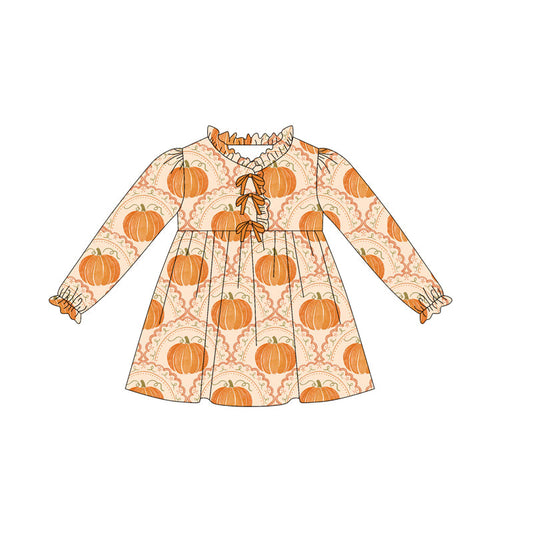 ( Moq 5 ) Preorder Baby Girl Toddler Long Sleeves Pumpkins Bows Fall Thanksgiving Dress