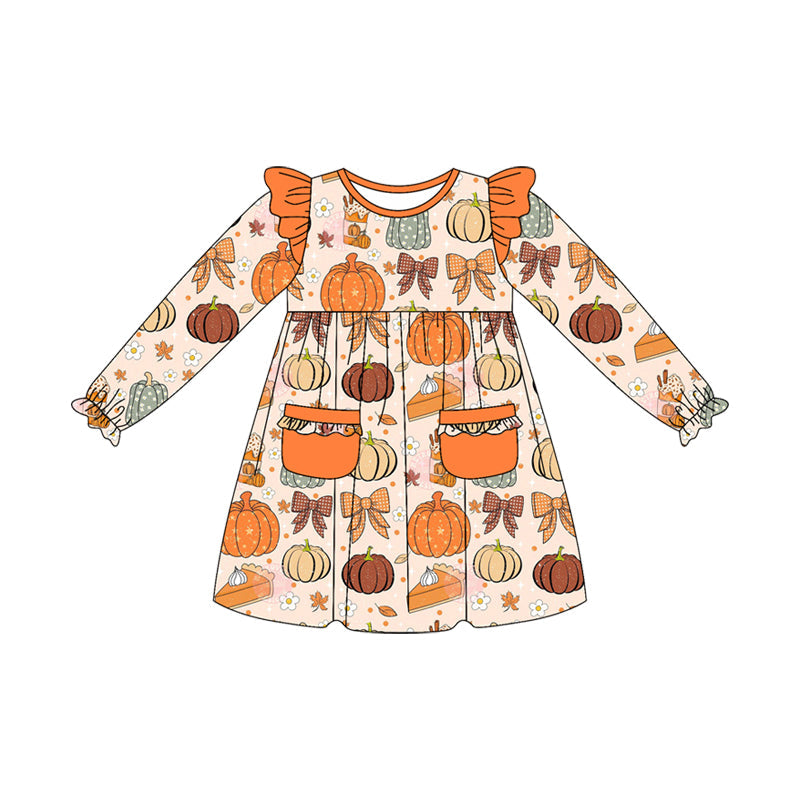 ( Moq 5 ) Preorder Baby Girl Long Sleeves Pumpkins Bows Flower Pockets Fall Knee Length Dress