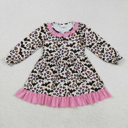 Girls Kids Long Sleeves Halloween Bats Leopard Sibling Ruffle Dress Romper RTS