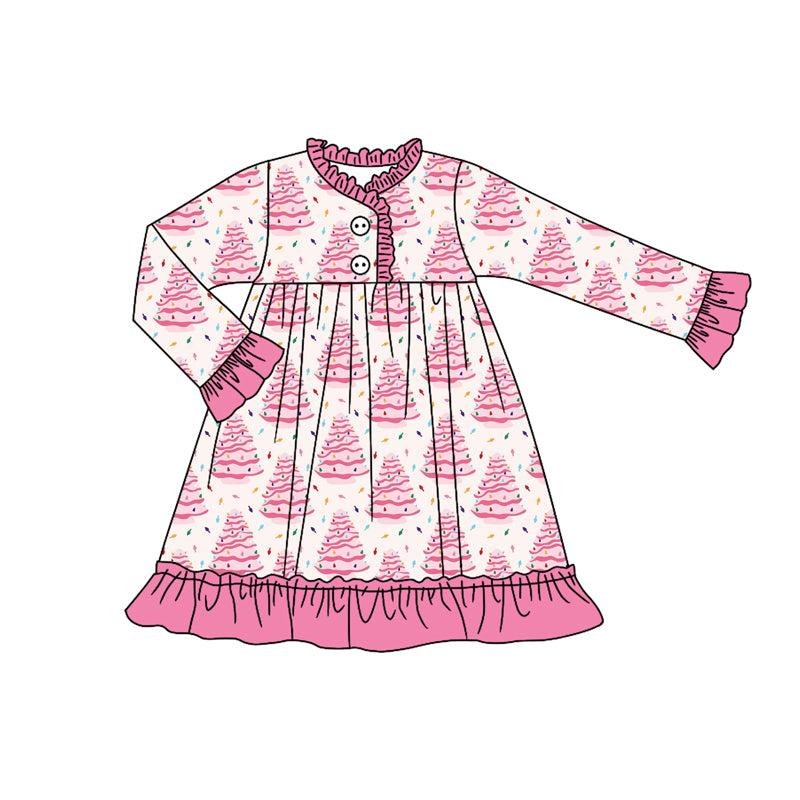 ( Moq 5 ) Preorder Baby Girl Long Sleeves Candy Tree Christmas Pajamas Pink Gown Dress