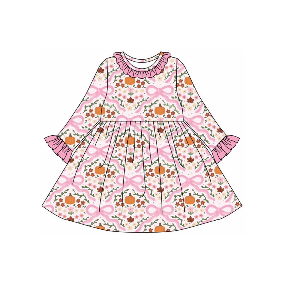 ( Moq 5 ) Preorder Baby Girl Long Sleeves Pumpkins Flower Bows Ruffle Fall Knee Length Dress