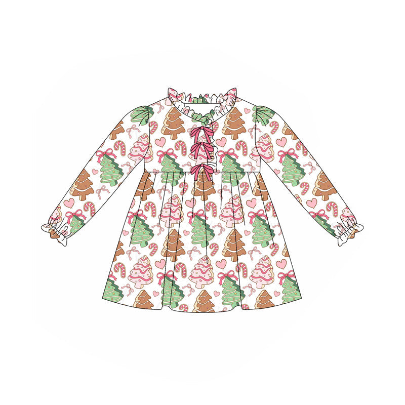( Moq 5 ) Preorder Baby Girl Long Sleeves Christmas Cake Tree Bows Knee Length Dress