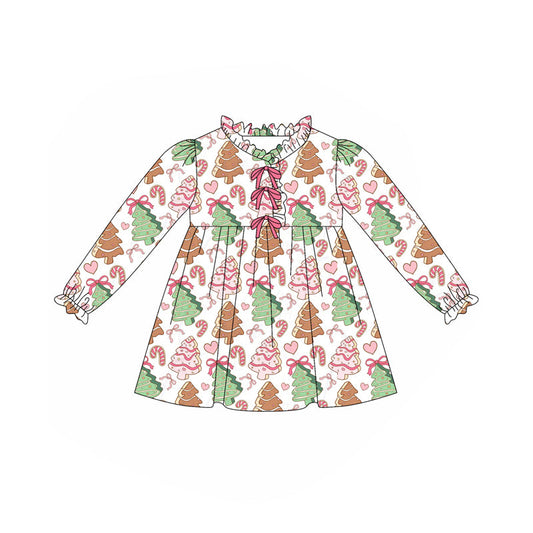 ( Moq 5 ) Preorder Baby Girl Long Sleeves Christmas Cake Tree Bows Knee Length Dress